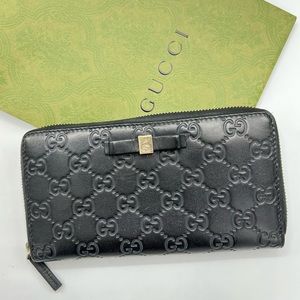 GUCCI Bow Zip Around Guccissima Leather Long Wallet Black Zippy Authentic